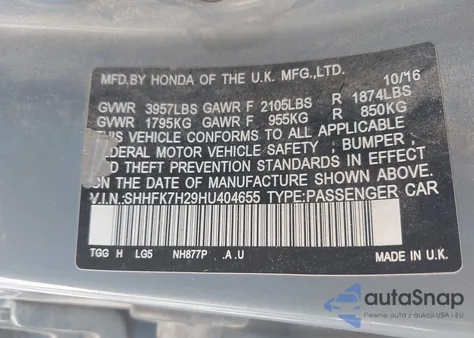 2017 Honda Civic Lx z USA, uszkodzony, nr VIN SHHFK7H29HU404655